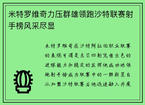 米特罗维奇力压群雄领跑沙特联赛射手榜风采尽显